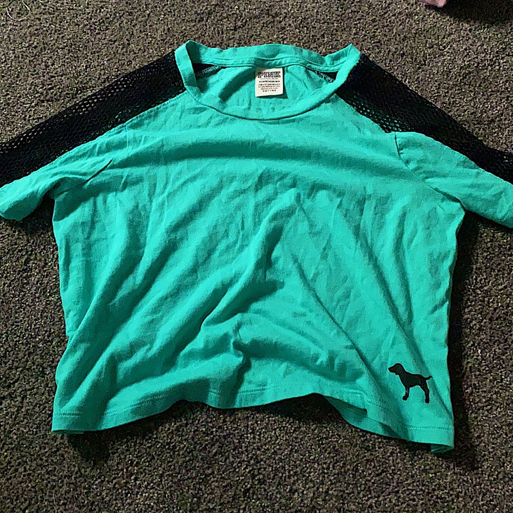 pink teal fishnet sleeve crop top